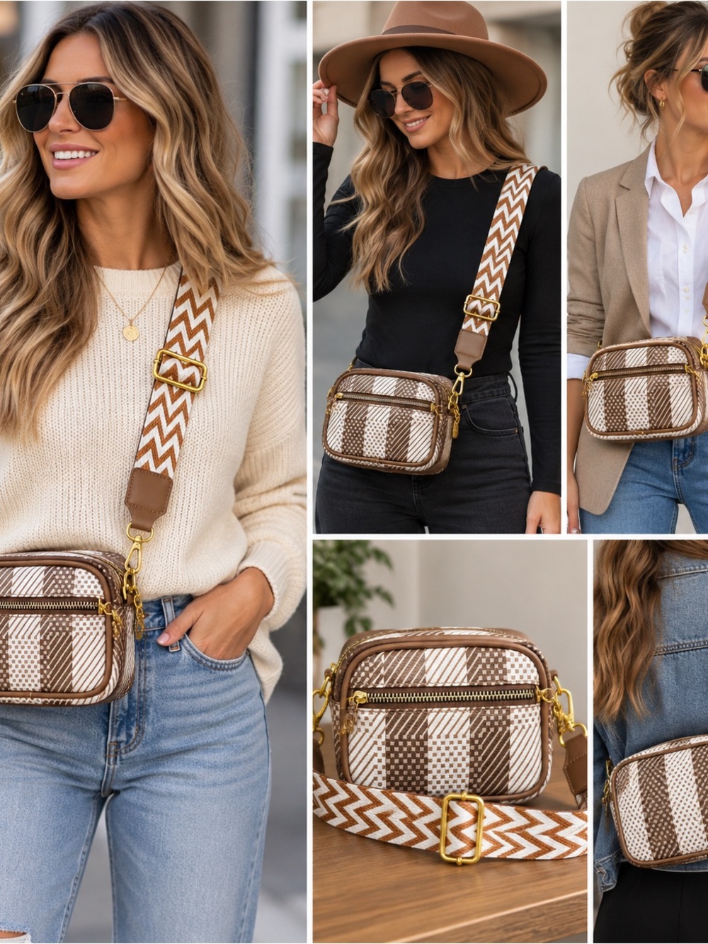 Brown & White Woven Crossbody with Patterned Strap